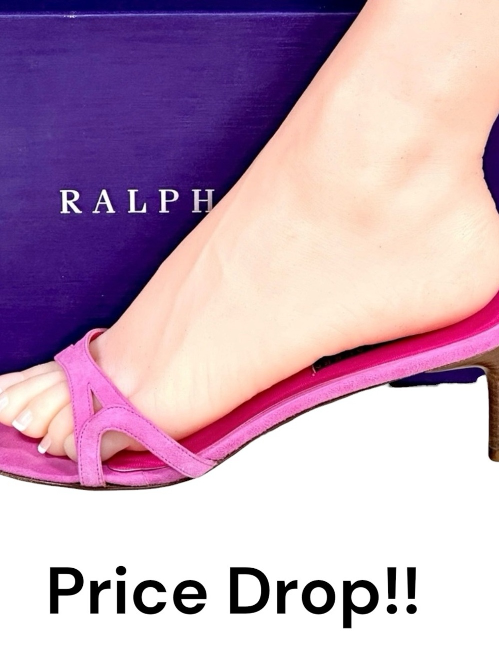 Ralph Lauren Hot Pink Suede Kitten Heel Slide Sandals Sz 8